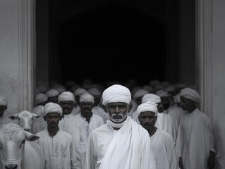 Men in White Robes Walk, Animals Near, Cultural Tradition