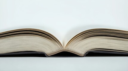 An opened vintage book lying flat, showcasing its aged pages and textured spine in a neutral setting.