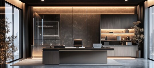 A luxurious home office with glass walls, a contemporary desk, and high-end tech