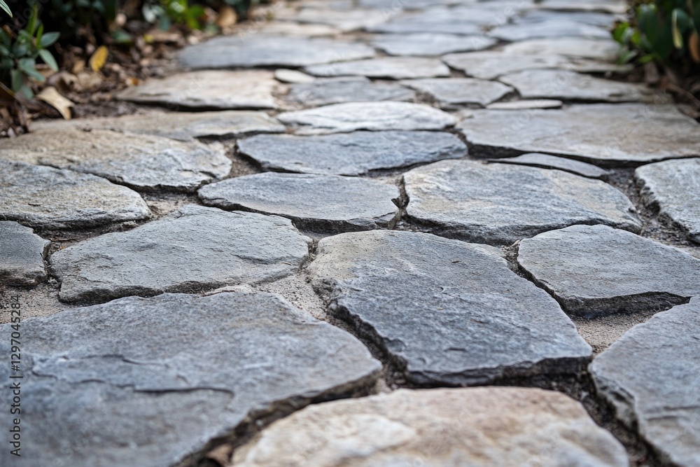 Poster a serene scene of a stone path leading up to a bench, ideal for use as a background or focal point