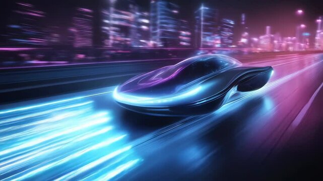 Futuristic hover car speeds through neon-lit city highway, leaving trail glowing energy. Its sleek aerodynamic design, illuminated contours, and vibrant reflections create dynamic cyberpunk aesthetic