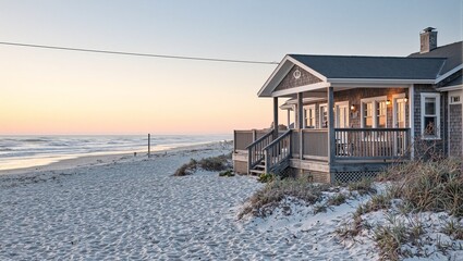 Fototapeta premium Tranquil beachfront cottage with spacious verandas white sandy shores and a serene sunset backdrop