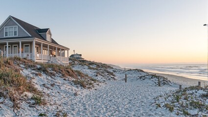 Tranquil beachfront cottage with spacious verandas white sandy shores and a serene sunset backdrop