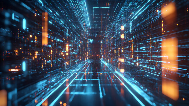 Abstract Digital Corridor Futuristic Neon Blue and Orange Data Stream Design