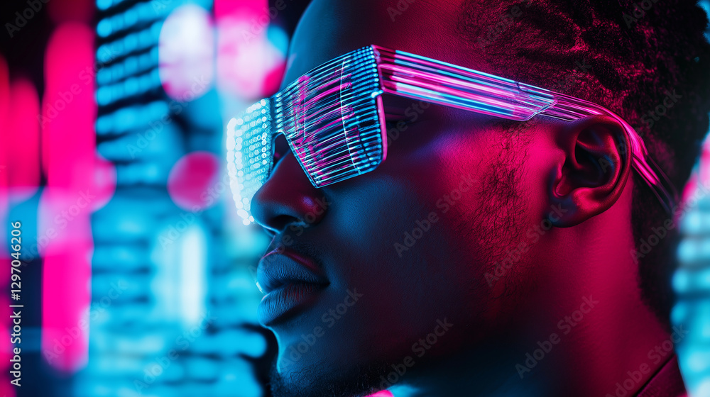 Aufkleber a futuristic digital concept with a woman's face illuminated by neon lights and computer code reflec