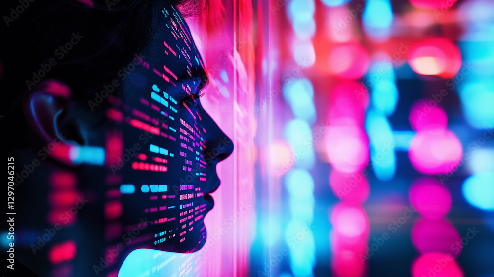 Aufkleber a futuristic digital concept with a woman's face illuminated by neon lights and computer code reflec