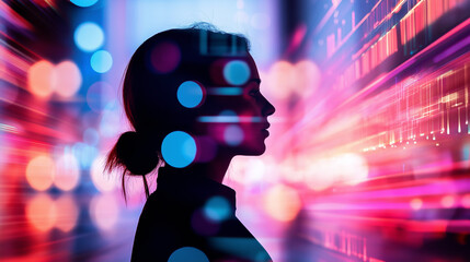 A futuristic digital concept with a woman's face illuminated by neon lights and computer code reflections.