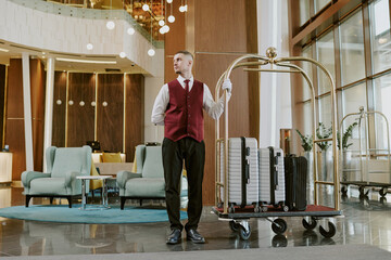 Low angle shot of young adult Caucasian bellboy standing near golden luggage cart in center of...