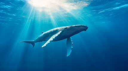 Fototapeta premium A majestic humpback whale swimming in the deep blue ocean with sunlight filtering through the water.