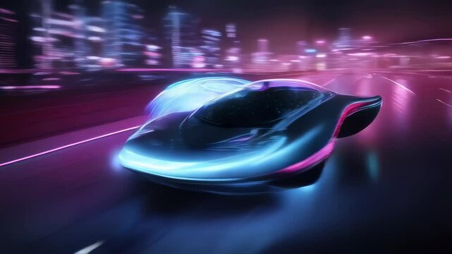 Futuristic hover car speeds through neon-lit city highway, leaving trail glowing energy. Its sleek aerodynamic design, illuminated contours, and vibrant reflections create dynamic cyberpunk aesthetic