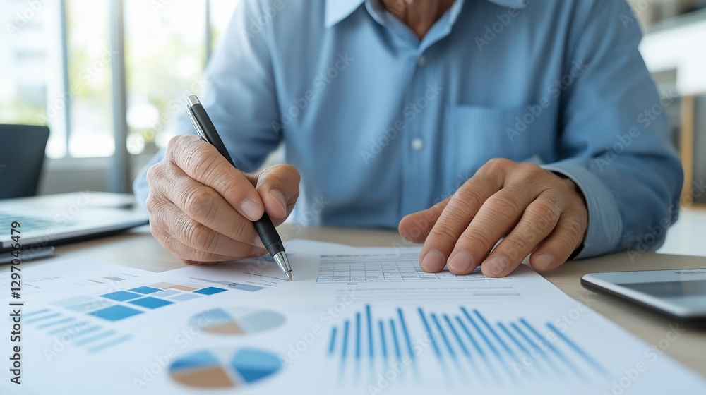 Poster professional engages in detailed analysis of business data with charts and graphs in modern office s
