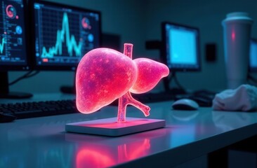 Human hepatic, transparent luminous 3D model on the table	
