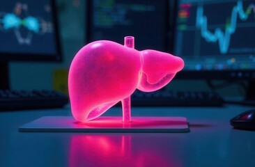 Human hepatic, transparent luminous 3D model on the table	