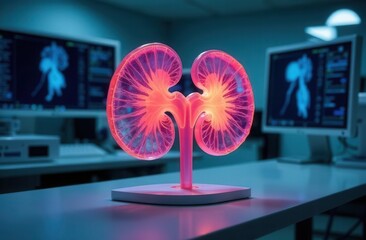 Human kidney, transparent luminous 3D model on the table: Nephos