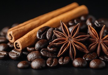 Aromatic Coffee Beans with Cinnamon Sticks and Star Anise Spices on Dark Background, Ideal for Culinary and Beverage Concepts