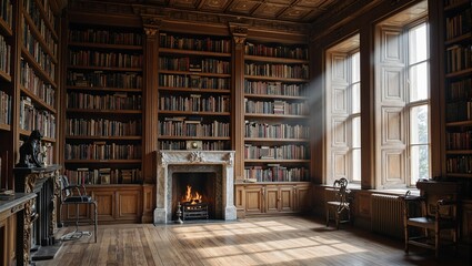 Tranquil library scene with tall wooden bookshelves ancient books sunlight through windows and a cozy fireplace