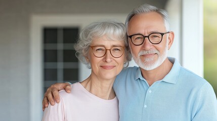 Seniors share warm embrace on porch during sunny day in cozy neighborhood setting