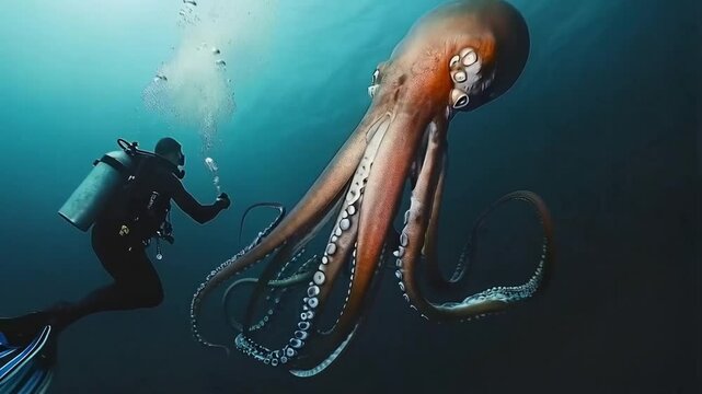Scene of a diver encountering a giant octopus under the sea, smooth repeating motion for background video animation