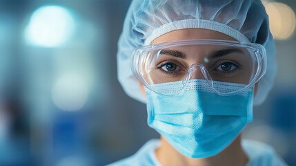 A close-up of a female healthcare worker wearing a face mask, goggles, and a hairnet.