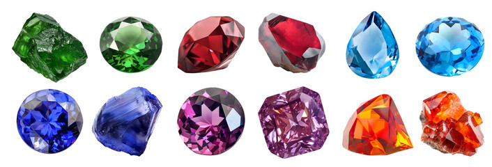 Fototapeta premium Collection of gemstone mineral rocks crystal semi-precious stones transparent cutout PNG. Purple Diamond, Pyrope Tsavorite Garnet, blue Topaz, Tanzanite Zoisite, Wulfenite. Many style. Mockup template