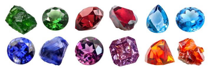 Collection of gemstone mineral rocks crystal semi-precious stones transparent cutout PNG. Purple Diamond, Pyrope Tsavorite Garnet, blue Topaz, Tanzanite Zoisite, Wulfenite. Many style. Mockup template
