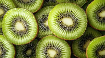 A mix of sliced kiwi and whole kiwi fruits appearing to float, showcasing their bright green flesh and tiny black seeds.