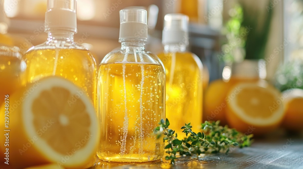 Poster a collection of bottles containing various liquids sits on a table, possibly for display or use