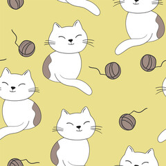 Seamless pattern with cute kitten print. Different scandy cats on color background. Scandinavian style illustration for kids. Vector illustration for fabric, textile, wallpaper, home clothing, pajama.