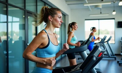 Woman Running on Treadmill in a Modern Gym