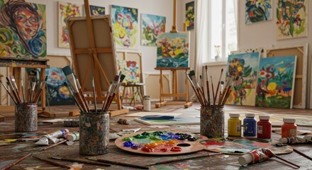 Artist's Studio: A Creative Space - Colorful paints, brushes, and canvases in an art studio. A vibrant and inspiring workspace for creative expression