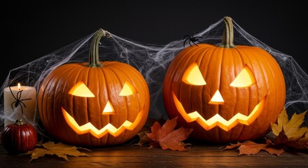 Autumn Halloween Pumpkins with Spiderwebs - Lit Jack-o'-lanterns, spiderwebs, autumn leaves, candle, and small pumpkin create a festive Halloween scene. Symbolizing autumn, Halloween, harvest
