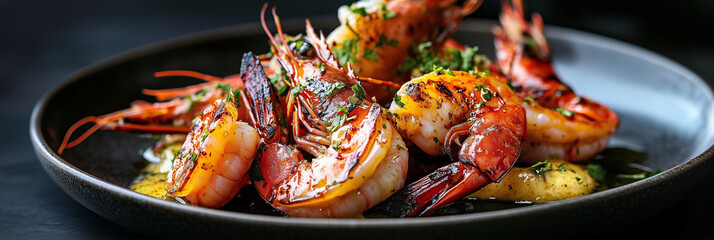 Gourmet grilled jumbo prawns with herbs and sauce on a black plate
