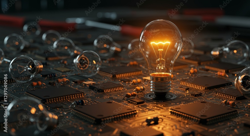 Poster brilliant idea on circuit board - a glowing light bulb rests on a complex circuit board, surrounded 
