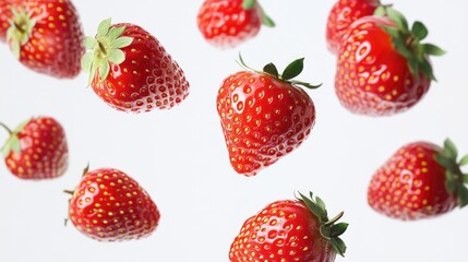 Close-up of vibrant strawberries gently floating against a clean white background, showcasing their freshness and juicy texture.