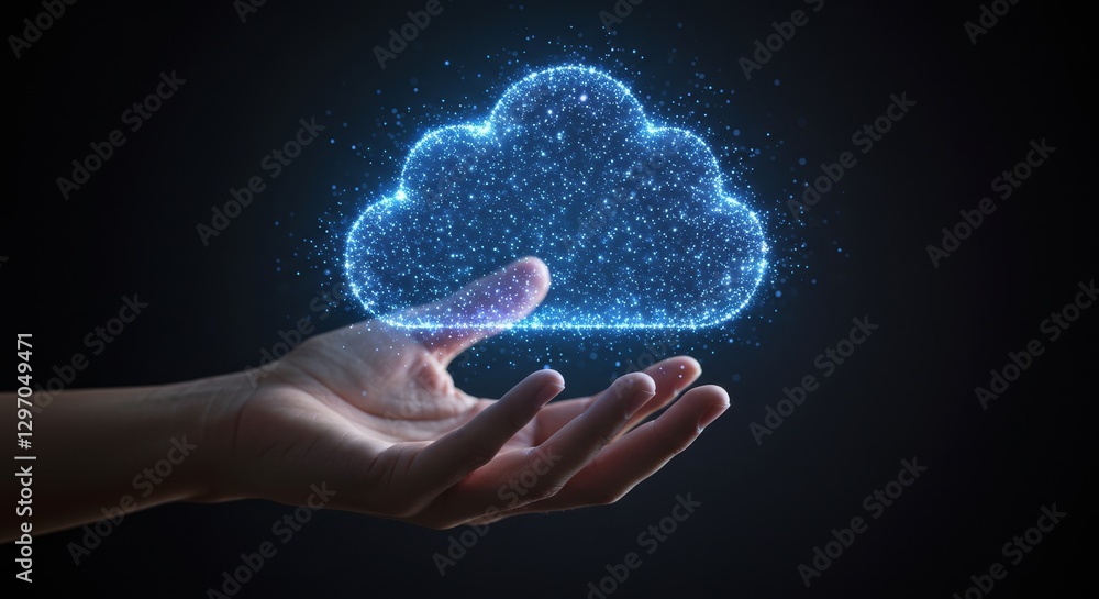 Poster cloud computing in the palm of your hand - a hand gently cradles a glowing cloud, symbolizing the ac