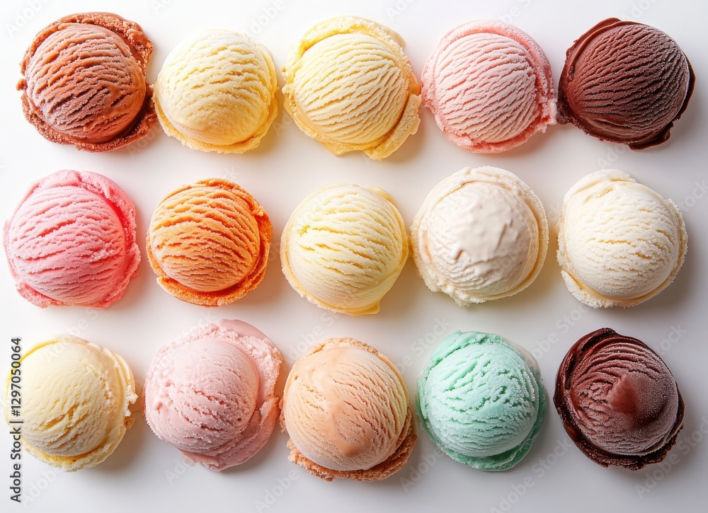 Poster assorted colorful ice cream scoops arranged in a neat line on a white background for dessert enthusi