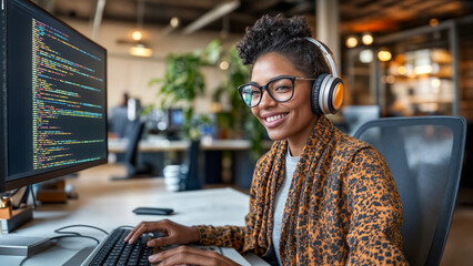 Smiling African American woman software developer wearing glasses and headphones, coding on computer screen in modern office, confident and focused, vibrant patterned shirt, tech workspace...