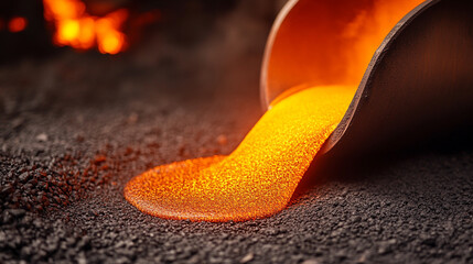 Obraz premium A powerful display of molten steel flowing from a ladle, symbolizing strength, transformation, and industrial progress with a focus on heat and precision in modern manufacturing processes.