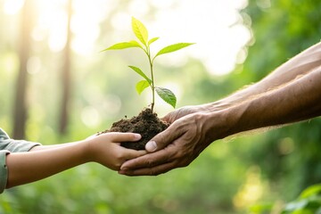 A young child and an adult gently hold a small sapling together symbolizing environmental responsibility and the transfer of knowledge about nature conservation