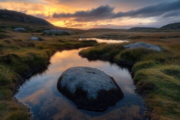 A large rock sits atop a lush green grass-covered field, with potential for outdoor recreation or landscape use