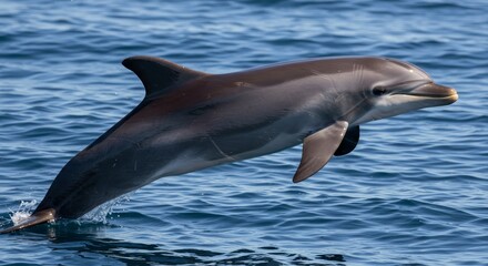 Fototapeta premium Dolphin Side View Isolated Background - A playful dolphin leaps from the ocean, symbolizing freedom, joy, grace, marine life, and aquatic elegance