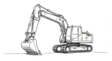 Excavator Line Drawing: Simple Sketch Design - Heavy machinery, construction equipment, engineering, digging, and power. A minimalist black and white illustration symbolizing strength, precision
