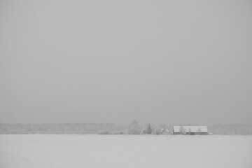 black and white landscape with snow covered field. Old barn ahead between the trees
