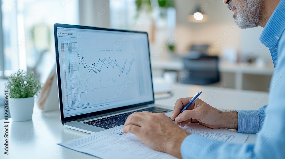 Poster analyzing financial data with charts and reports in a modern office setting during the day