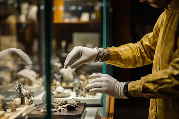 Museum curator arranging artifacts for exhibit, placing objects, display cases. Generative AI