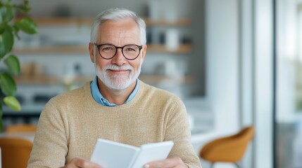 Senior man reading a book in a cozy indoor setting during the morning hours in a modern home