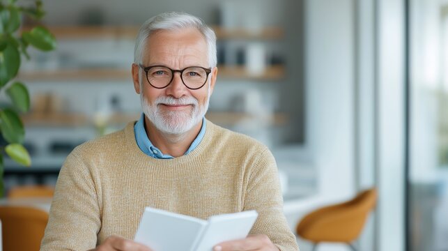 Senior man reading a book in a cozy indoor setting during the morning hours in a modern home