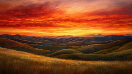 Obraz premium A vibrant red sky illuminates the rolling hills and grasslands below