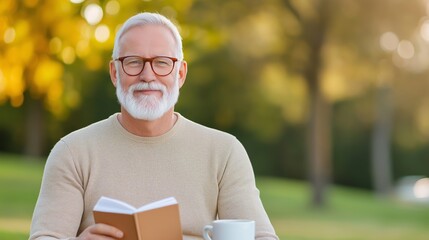 Senior man enjoying a book and coffee outdoors in a park during a sunny afternoon