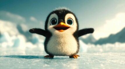 Naklejka premium Adorable Penguin Chick Plays on Ice, Happy Wildlife Scene in Antarctica